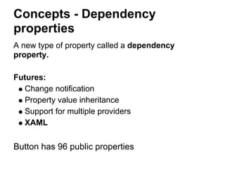 Concepts - Dependency
properties
A new type of property called a dependency
property.

Futures:
  Change notification
  Property value inheritance
  Support for multiple providers
  XAML

Button has 96 public properties
 