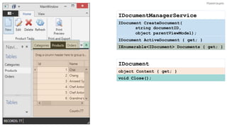 IDocumentManagerService
IDocument CreateDocument(
string documentID,
object parentViewModel);
IDocument ActiveDocument { get; }
IEnumerable<IDocument> Documents { get; }
IDocument
object Content { get; }
void Close();
Навигация.	
  
 