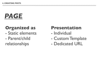 4. CREATING POSTS




 PAGE
  Organized as        Presentation
  - Static elements   - Individual
  - Parent/child      - Custom Template
  relationships       - Dedicated URL
 