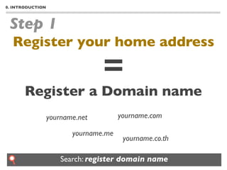 0. INTRODUCTION




 Step 1
  Register your home address

                                 =
       Register a Domain name
                  yourname.net         yourname.com

                         yourname.me
                                        yourname.co.th

                      Search: register domain name
 