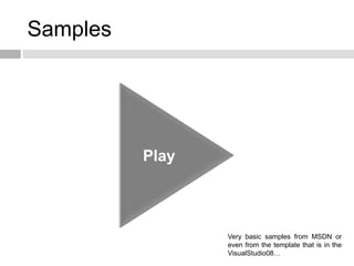 Samples




          Play



                 Very basic samples from MSDN or
                 even from the template tha...