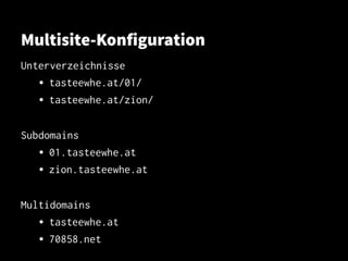 Multisite-Konfiguration
Unterverzeichnisse
• tasteewhe.at/01/
• tasteewhe.at/zion/
Subdomains
• 01.tasteewhe.at
• zion.tasteewhe.at
Multidomains
• tasteewhe.at
• 70858.net
 