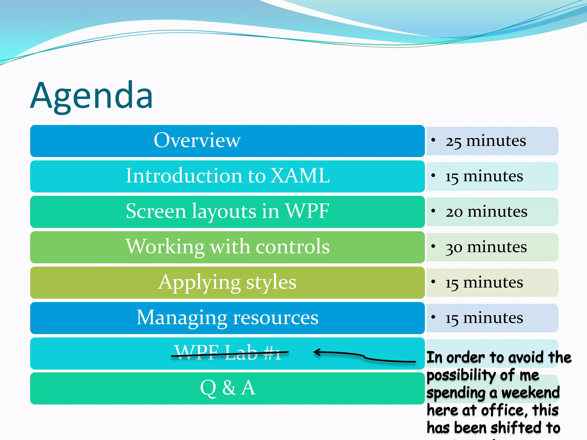 Agenda
      Overview              • 25 minutes

    Introduction to XAML    • 15 minutes

    Screen layouts in WPF   • 20 minutes

    Working with controls   • 30 minutes

         Applying styles    • 15 minutes

     Managing resources     • 15 minutes

          WPF Lab #1
             Q&A
 