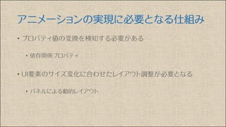 アニメーションの実現に必要となる仕組み
• プロパティ値の変換を検知する必要がある
• 依存関係プロパティ
• UI要素のサイズ変化に合わせたレイアウト調整が必要となる
• パネルによる動的レイアウト
 