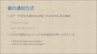 値の通知方式
• UIデータ変化の通知を必要とするXAML系の機能
• アニメーション
• データバインディング
• これらの通知にはイベントの仕組みが用いられている
• INotifyPropertyChanged
• INotifyCollectionChanged
 