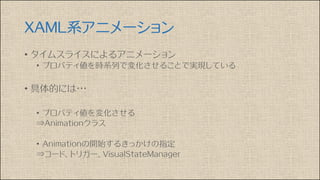 XAML系アニメーション
• タイムスライスによるアニメーション
• プロパティ値を時系列で変化させることで実現している
• 具体的には・・・
• プロパティ値を変化させる
⇒Animationクラス
• Animationの開始するきっかけの指定
⇒コード、トリガー、VisualStateManager
 