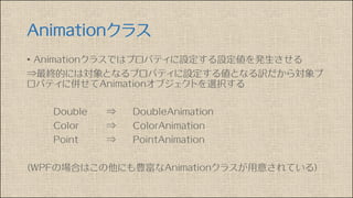 Animationクラス
• Animationクラスではプロパティに設定する設定値を発生させる
⇒最終的には対象となるプロパティに設定する値となる訳だから対象プ
ロパティに併せてAnimationオブジェクトを選択する
Double ⇒ DoubleAnimation
Color ⇒ ColorAnimation
Point ⇒ PointAnimation
(WPFの場合はこの他にも豊富なAnimationクラスが用意されている)
 