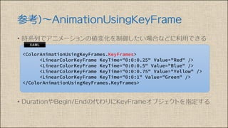 参考)～AnimationUsingKeyFrame
• 時系列でアニメーションの値変化を制御したい場合などに利用できる
• DurationやBegin/Endの代わりにKeyFrameオブジェクトを指定する
 