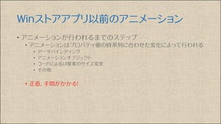 Winストアアプリ以前のアニメーション
• アニメーションが行われるまでのステップ
• アニメーションはプロパティ値の時系列に合わせた変化によって行われる
• データバインディング
• アニメーションオブジェクト
• コードによるUI要素のサイズ変更
• その他
• 正直、手間がかかる！
 