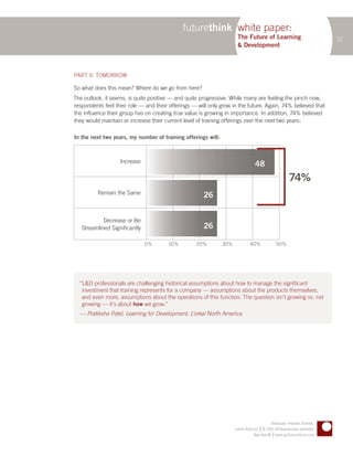futurethink white paper:
                                                                      The Future of Learning                                   12
                                                                      & Development



PART II: TOMORROW

So what does this mean? Where do we go from here?
The outlook, it seems, is quite positive — and quite progressive. While many are feeling the pinch now,
respondents feel their role — and their offerings — will only grow in the future. Again, 74% believed that
the influence their group has on creating true value is growing in importance. In addition, 74% believed
they would maintain or increase their current level of training offerings over the next two years:

In the next two years, my number of training offerings will:



                   Increase
                                                                                  48
                                                                                                          74%
          Remain the Same
                                                      26


            Decrease or Be
   Streamlined Significantly                          26

                               0%       10%        20%         30%             40%                 50%




  “L&D professionals are challenging historical assumptions about how to manage the significant
   investment that training represents for a company — assumptions about the products themselves,
   and even more, assumptions about the operations of this function. The question isn’t growing vs. not
   growing — it’s about how we grow.”
  — Pratiksha Patel, Learning for Development, L’oréal North America




                                                                                             Anticipate. Innovate. Activate.
                                                                                      |
                                                                     Future Think LLC © 2005–09 Reproduction prohibited
                                                                                               |
                                                                                  New York NY www.getfuturethink.com
 