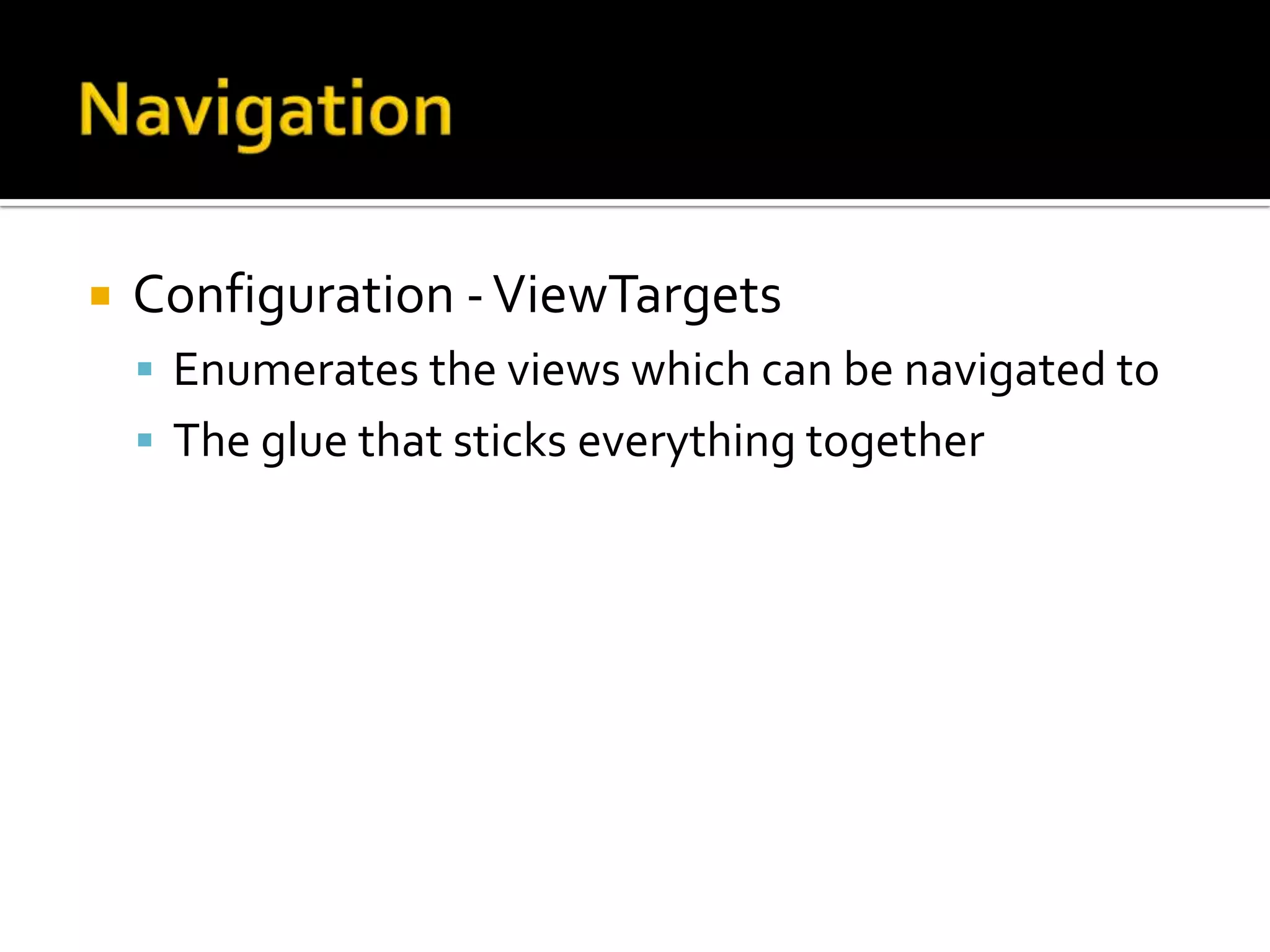 Event Aggregator / Message BusHow is it used?Use an IOC containerCastle WindsorImplement as a SingletonStatic propertyImportant that all calls route through same instanceOptionsPrism’s Event AggregatorRoll your own