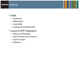 Agenda



 XAML
  Introduction
  XAML Basics
  Inside XAML
  Loading and compiling XAML

 Layout of WPF Application
  History and Philosophy
  Layout Process and containers
  Types of Layout
  Properties
 