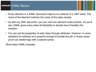XAML Basics

•   Every element in a XAML document maps to an instance of a .NET class. The
    name of the element matches the name of the class exactly.

•   As with any XML document, you can nest one element inside another. As you’ll
    see, XAML gives every class the flexibility to decide how it handles this
    situation.

•   You can set the properties of each class through attributes. However, in some
    situations an attribute isn’t powerful enough to handle the job. In these cases,
    you’ll use nested tags with a special syntax.

Show basic XAML example.
 
