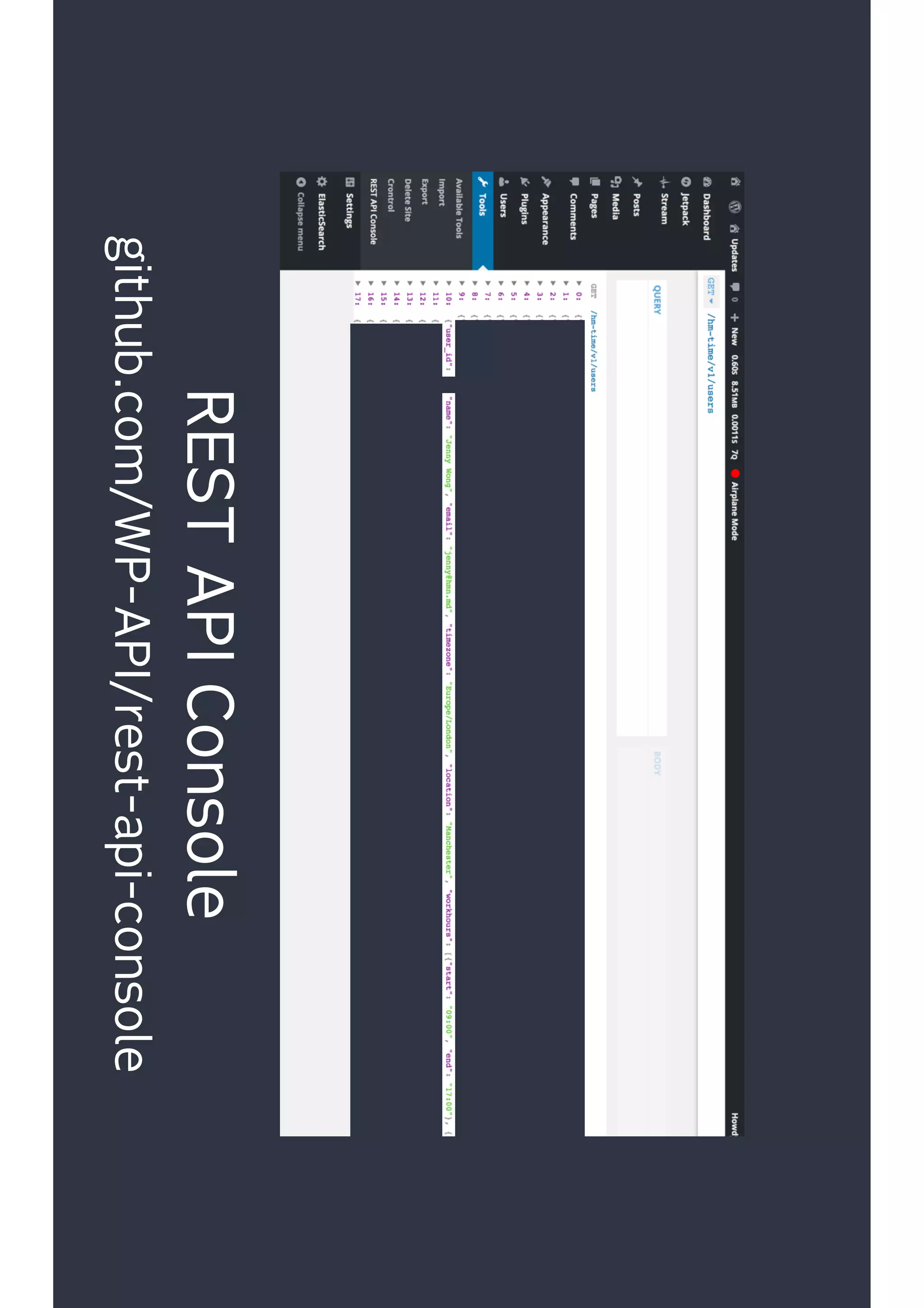 RESTAPIConsole
github.com/WP-API/rest-api-console
 