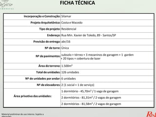 Incorporação e Construção: Silamar
Projeto Arquitetônico: Costa e Macedo
Tipo de projeto: Residencial
Endereço: Rua Min. Xavier de Toledo, 89 - Santos/SP
Previsão de entrega: abr/16
Nº detorre: Única
Nº depavimentos: subsolo + térreo + 3 mezaninos de garagem + 1 garden
+ 20 tipos + cobertura de lazer
Área doterreno: 1.500m²
Total de unidades: 126 unidades
Nº de unidades porandar: 6 unidades
Nº deelevadores: 2 (1 social + 1 de serviço)
Área privativa dasunidades:
1 dormitório - 45,70m² / 1 vaga de garagem
2 dormitórios - 81,31m² / 2 vagas de garagem
2 dormitórios - 81,58m² / 2 vagas de garagem
FICHA TÉCNICA
Material preliminar de uso interno. Sujeito a
 