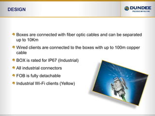 DesignBoxes are connected with fiber optic cables and can be separated up to 10KmWired clients are connected to the boxes with up to 100m copper cableBOX is rated for IP67 (Industrial)All industrial connectorsFOB is fully detachableIndustrial Wi-Fi clients (Yellow) 