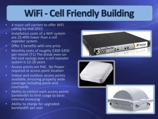 WiFi - Cell Friendly Building
• 4 major cell carriers to offer WiFi
calling by mid-2015
• Installation costs of a WiFi system
are 25-40% lower than a cell
repeater system
• Offer 2 benefits with one price
• Monthly costs of roughly $300-$450
per month (T1) The break even on
the cost savings over a cell repeater
system is 12-18 years
• Access points are PoE. No Power
required at access point location
• Indoor and outdoor access points
available, ensuring property wide
coverage including pools and
courtyards
• Ability to control each access points
bandwidth to limit usage to basic
internet browsing
• Ability to charge for upgraded
bandwidth per user
 