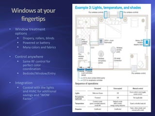 Windowsatyour
fingertips
• Window treatment
options
 Drapery, rollers, blinds
 Powered or battery
 Many colors and fabrics
• Control anywhere
 Same RF control for
perfect color
coordination
 Bedside/Window/Entry
• Integration
 Control with the lights
and HVAC for additional
savings and “WOW
Factor”
 