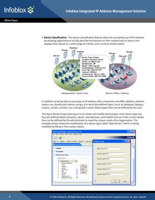 Infoblox Integrated IP Address Management Solution




    •	 Device Classification: The device classification feature takes the anonymity out of IP networks
       by allowing organizations to fully describe the devices on their network and to search and
       display them based on a wide range of criteria, such as those shown below:




    In addition to being able to associate an IP address with a hostname and MAC address, adminis-
    trators can classify each device using a rich set of pre-defined types (such as desktops, laptops,
    routers, servers, printers, etc.) along with custom device types that can be defined by the user.

    The figure below shows how easy it is to create and modify device types. Each device type has
    four pre-defined labels (location, owner, manufacturer, and model) and up to five custom labels
    that can be defined by the administrator to meet the unique needs of an organization. The
    example below shows the modification of a device type called “App Server,” which is being
    modified by filling in five custom labels.




          © 2006 Infoblox Inc. All Rights Reserved. All trademarks property of their respective owners. wp_ipam_19Jun06
 