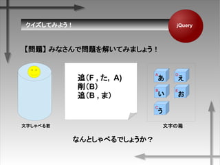 Ƥߤ褦 jQuery
} ߤʤǆ}⤤Ƥߤޤ礦

A

B

C

D

E
֤֤٤
׷F , , A)
B
׷B , ޣ
ʤȤ٤Ǥ礦
 