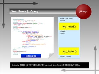 WordPress  jQuery
Index.php Θɤ狼䤹ˤޤؤ wp_head()  wp_footer() δڤעĿƤ
wp_head()
<!DOCTYPE html>
<html <?php language_attributes(); ?>>
<head>
<meta charset="<?php bloginfo( 'charset' ); ?>" />
<?php wp_head(); ?>
</head>
<body <?php body_class(); ?>>
إå`
<hr><hr>
<div id="primary" class="site-content">
<div id="content" role="main">
<?php if ( have_posts() ) : ?>
<?php /* Start the Loop */ ?>
<?php while ( have_posts() ) : the_post(); ?>
<?php echo the_title(); ?><br>
<?php the_content(); ?><hr>
<?php endwhile; ?>
<?php else : ?>
ӛ¤ʤ
<?php endif; // end have_posts() check ?>
</div><!-- #content -->
</div><!-- #primary -->
<hr>
եå
<?php wp_footer(); ?>
</body>
</html>
Index.php
wp_footer()
jQuery
<!DOCTYPE html>
<body>
</body> </html>
</head>
<head>
 