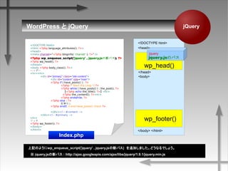 WordPress  jQuery
ӛΤ褦wp_enqueue_script('jquery' , jquery.js¥ѥ)׷ӤޤɤʤǤ礦
 query.js¥ѥ : http://ajax.googleapis.com/ajax/libs/jquery/1.9.1/jquery.min.js
wp_head()
<!DOCTYPE html>
<html <?php language_attributes(); ?>>
<head>
<meta charset="<?php bloginfo( 'charset' ); ?>" />
<?php wp_enqueue_script('jquery' , jquery.js¥ѥ); ?>
<?php wp_head(); ?>
</head>
<body <?php body_class(); ?>>
إå`
<hr><hr>
<div id="primary" class="site-content">
<div id="content" role="main">
<?php if ( have_posts() ) : ?>
<?php /* Start the Loop */ ?>
<?php while ( have_posts() ) : the_post(); ?>
<?php echo the_title(); ?><br>
<?php the_content(); ?><hr>
<?php endwhile; ?>
<?php else : ?>
ӛ¤ʤ
<?php endif; // end have_posts() check ?>
</div><!-- #content -->
</div><!-- #primary -->
<hr>
եå
<?php wp_footer(); ?>
</body>
</html>
Index.php
wp_footer()
jQuery
<!DOCTYPE html>
<body>
</body> </html>
</head>
<head>
jquery.jsΥѥ
jquery
 