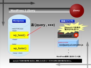 jQuery
xxx/jquery.js
jquery
jquery-ui-core
WordPress˜ʤ˺ޤƤ
Wordpress
xxx/jquery.ui.core.min.js
jqueryȤǰ䤬Ȥˤʤ顢㤨Фͬǰ䤬ޤ
?
?
wp_head()
wp_footer()
<!DOCTYPE html>
<body>
</body> </html>
</head>
<head>
WordPress  jQuery
?
?
׷jquery , )
hץ
jQueryȤǰ
䤬ʤФ

 