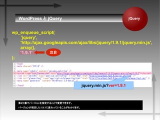 jQueryWordPress  jQuery
wp_enqueue_script(
'jquery',
 'http://ajax.googleapis.com/ajax/libs/jquery/1.9.1/jquery.min.js',
array(),
'1.9.1'
);
4ǥЩ`ָ뤳ȤǉǤޤ
Щ`ָ1.9.1ˉäƤ뤳Ȥ狼ޤ
jquery.min.js?ver=1.9.1
עĿ
 