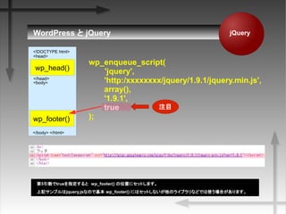 jQueryWordPress  jQuery
wp_enqueue_script(
'jquery',
 'http:/xxxxxxxx/jquery/1.9.1/jquery.min.js',
array(),
'1.9.1',
true
);
5trueָȡwp_footer() λä˥åȤޤ
ӛץjquery.jsʤΤǻ wp_footer() ˤϥåȤʤΥ饤֥ʤɤǤʹϤޤ
wp_head()
wp_footer()
<!DOCTYPE html>
<body>
</body> </html>
</head>
<head>
עĿ
 