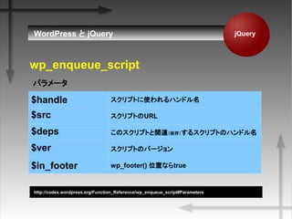 jQueryWordPress  jQuery
$handle ץȤʹϥɥ
$src ץȤURL
$deps ΥץȤvB棩륹ץȤΥϥɥ
$ver ץȤΥЩ`
$in_footer wp_footer() λäʤtrue
ѥ`
wp_enqueue_script
http://codex.wordpress.org/Function_Reference/wp_enqueue_script#Parameters
 