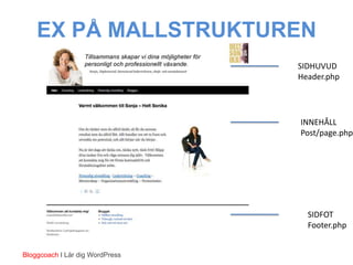 EX PÅ MALLSTRUKTUREN
                                 SIDHUVUD
                                 Header.php




                                 INNEHÅLL
                                 Post/page.php




                                   SIDFOT
                                   Footer.php


Bloggcoach I Lär dig WordPress
 
