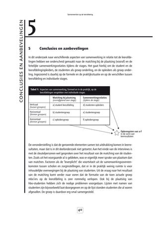 5
                                                                        Samenwerken op de leerafdeling



conclusies en aanbevelingen



                              5            Conclusies en aanbevelingen

                              In dit onderzoek naar verschillende aspecten van samenwerking in relatie tot de leerafde-
                              lingen hebben we onderscheid gemaakt naar de matching bij de plaatsing (vooraf) en de
                              feitelijke samenwerkingsrelaties tijdens de stages. Het gaat hierbij om de student en de
                              leerafdeling/opleiders, de studenten als groep onderling, en de opleiders als groep onder-
                              ling. Ingezoomd is daarbij op de formele en de praktijksituatie en op de verschillen tussen
                              leerafdeling en individuele stages.


                                  Tabel 1: Aspecten van samenwerking, formeel en in de praktijk, op de
                                           leerafdelingen vergeleken met individuele stages

                                                        Matching bij plaatsing            Samenwerkingsrelaties
                                                        (voorafgaand aan stage)           (tijdens de stage)
                               Verticaal                a] student-leerafdeling           d] studenten-opleiders
                               (tussen groepen)

                               Horizontaal              b] studentengroep                 e] studentengroep
                               (binnen groepen)

                               Horizontaal              c] opleidersgroep                 f] opleidersgroep
                               (binnen groepen)


                                                                                                                   Opbrengsten van a-f
                                                                                                                   in de vorm van
                                                                                                                   leerresultaten


                              De veronderstelling is dat de genoemde elementen samen tot uitdrukking komen in leerre-
                              sultaten, maar dat is in dit deelonderzoek niet getoetst. Aan het einde van de interviews is
                              met de sleutelpersonen wel gesproken over het resultaat van de matching van de studen-
                              ten. Zoals uit het voorgaande al is gebleken, was er eigenlijk meer sprake van plaatsen dan
                              van matchen. Factoren als de ‘leverplicht’ die voortvloeit uit de samenwerkingsovereen-
                              komsten tussen scholen en zorginstellingen, dat er in de praktijk weinig ruimte is voor
                              inhoudelijke overwegingen bij de plaatsing van studenten. Uit de vraag naar het resultaat
                              van de matching komt verder naar voren dat de formatie van de toen actuele groep
                              mbo’ers op de leerafdeling is zeer rommelig verlopen. Ook bij de plaatsing van
                              hbo-studenten hebben zich de nodige problemen voorgedaan. Lijsten met namen van
                              studenten zijn bijvoorbeeld laat doorgegeven en op de lijst stonden studenten die al waren
                              afgevallen. De groep is daardoor erg smal samengesteld.




                                                                                    40
 