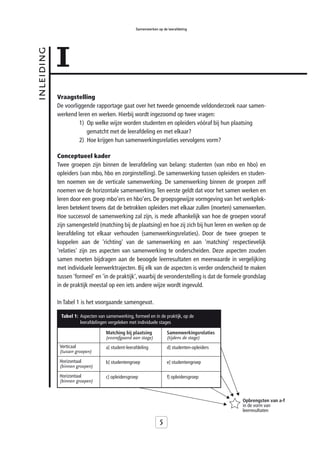 Samenwerken op de leerafdeling




            1
inleiding



            Vraagstelling
            De voorliggende rapportage gaat over het tweede genoemde veldonderzoek naar samen-
            werkend leren en werken. Hierbij wordt ingezoomd op twee vragen:
                     1) Op welke wijze worden studenten en opleiders vóóraf bij hun plaatsing
                        gematcht met de leerafdeling en met elkaar?
                     2) Hoe krijgen hun samenwerkingsrelaties vervolgens vorm?

            Conceptueel kader
            Twee groepen zijn binnen de leerafdeling van belang: studenten (van mbo en hbo) en
            opleiders (van mbo, hbo en zorginstelling). De samenwerking tussen opleiders en studen-
            ten noemen we de verticale samenwerking. De samenwerking binnen de groepen zelf
            noemen we de horizontale samenwerking. Ten eerste geldt dat voor het samen werken en
            leren door een groep mbo’ers en hbo’ers. De groepsgewijze vormgeving van het werkplek-
            leren betekent tevens dat de betrokken opleiders met elkaar zullen (moeten) samenwerken.
            Hoe succesvol de samenwerking zal zijn, is mede afhankelijk van hoe de groepen vooraf
            zijn samengesteld (matching bij de plaatsing) en hoe zij zich bij hun leren en werken op de
            leerafdeling tot elkaar verhouden (samenwerkingsrelaties). Door de twee groepen te
            koppelen aan de 'richting' van de samenwerking en aan 'matching' respectievelijk
            'relaties' zijn zes aspecten van samenwerking te onderscheiden. Deze aspecten zouden
            samen moeten bijdragen aan de beoogde leerresultaten en meerwaarde in vergelijking
            met individuele leerwerktrajecten. Bij elk van de aspecten is verder onderscheid te maken
            tussen 'formeel' en 'in de praktijk', waarbij de veronderstelling is dat de formele grondslag
            in de praktijk meestal op een iets andere wijze wordt ingevuld.

            In Tabel 1 is het voorgaande samengevat.

             Tabel 1: Aspecten van samenwerking, formeel en in de praktijk, op de
                      leerafdelingen vergeleken met individuele stages

                                   Matching bij plaatsing            Samenwerkingsrelaties
                                   (voorafgaand aan stage)           (tijdens de stage)
             Verticaal             a] student-leerafdeling           d] studenten-opleiders
             (tussen groepen)

             Horizontaal           b] studentengroep                 e] studentengroep
             (binnen groepen)

             Horizontaal           c] opleidersgroep                 f] opleidersgroep
             (binnen groepen)


                                                                                              Opbrengsten van a-f
                                                                                              in de vorm van
                                                                                              leerresultaten

                                                                 5
 