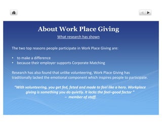 About Work Place Giving
                           What research has shown

The two top reasons people participate in Work Place Giving are:

• to make a difference
• because their employer supports Corporate Matching

Research has also found that unlike volunteering, Work Place Giving has
traditionally lacked the emotional component which inspires people to participate.

 “With volunteering, you get fed, feted and made to feel like a hero. Workplace
       giving is something you do quietly. It lacks the feel–good factor ”
                               – member of staff.
 