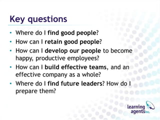 Key questionsWhere do I find good people?How can I retain good people?How can I develop our people to become happy, productive employees?How can I buildeffective teams, and an effective company as a whole?Where do I findfuture leaders? How do I prepare them?