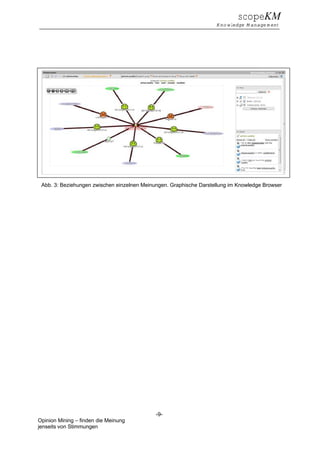 scopeKM
Knowledge Management
-9-
Opinion Mining – finden die Meinung
jenseits von Stimmungen
Abb. 3: Beziehungen zwischen einzelnen Meinungen. Graphische Darstellung im Knowledge Browser
 