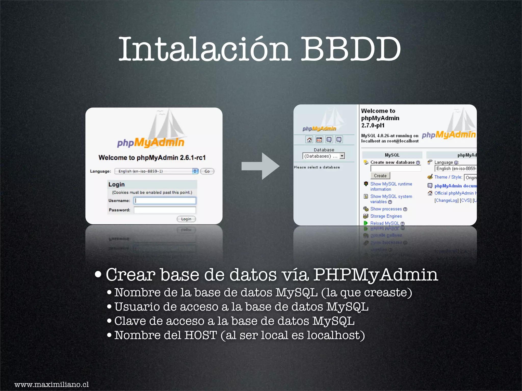 Intalación BBDD




                     •Crear base de datos vía PHPMyAdmin
                      •Nombre de la base de datos MySQL (la que creaste)
                      •Usuario de acceso a la base de datos MySQL
                      •Clave de acceso a la base de datos MySQL
                      •Nombre del HOST (al ser local es localhost)


www.maximiliano.cl
 