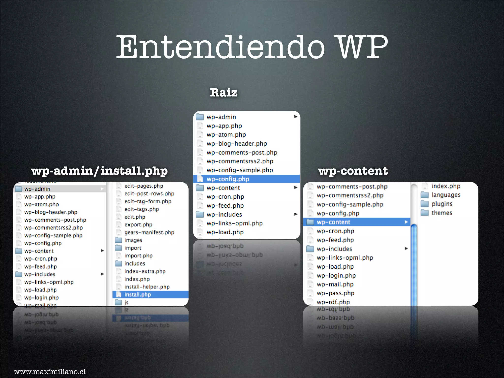 Entendiendo WP
                           Raiz




    wp-admin/install.php          wp-content




www.maximiliano.cl
 