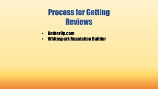 Process for Getting
Reviews
• GatherUp.com
• Whitespark Reputation Builder
 
