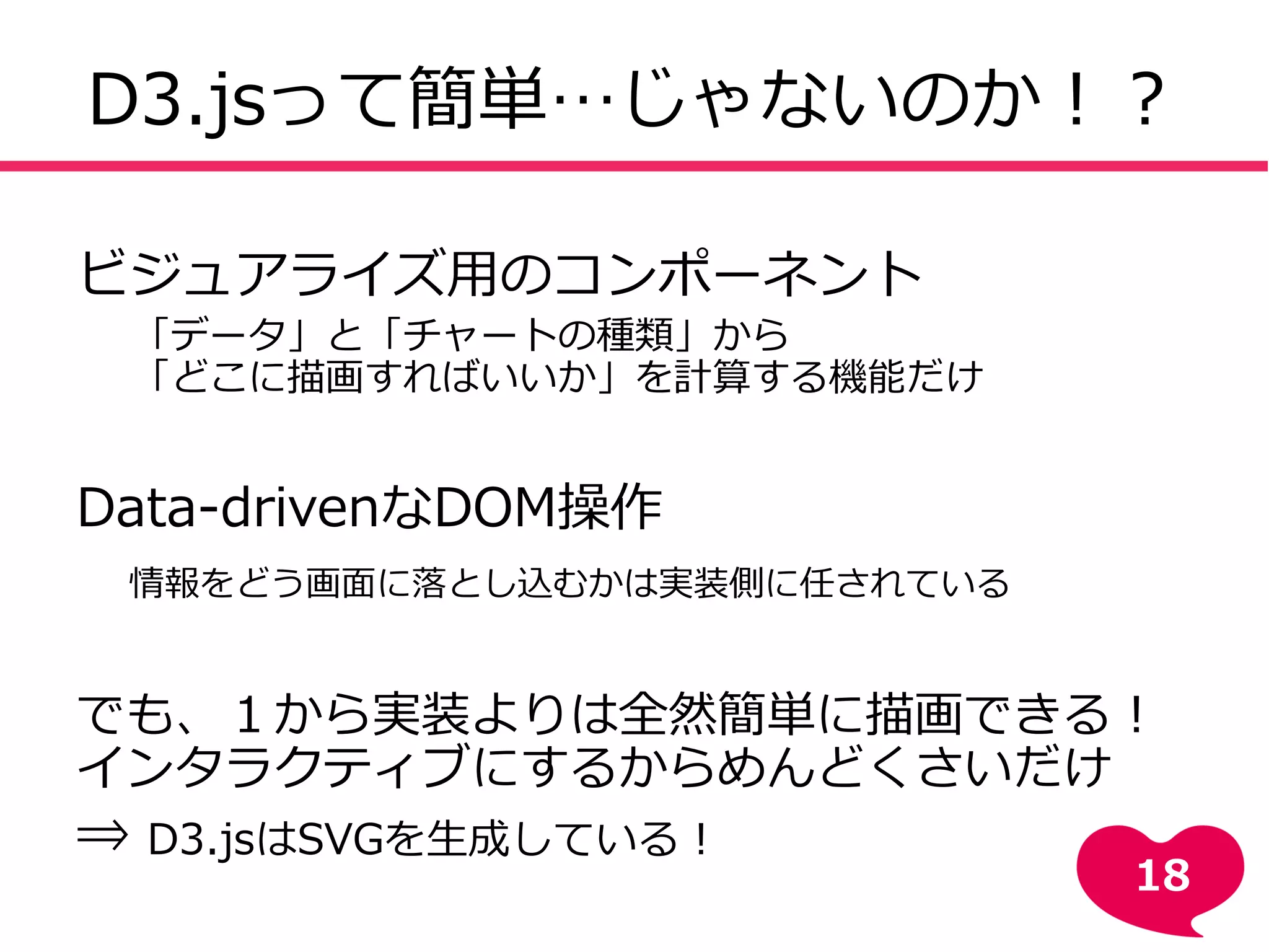 D3.jsって簡単…じゃないのか！？
ビジュアライズ用のコンポーネント
「データ」と「チャートの種類」から
「どこに描画すればいいか」を計算する機能だけ
Data-drivenなDOM操作
情報をどう画面に落とし込むかは実装側に任されている
でも、１から実装よりは全然簡単に描画できる！
インタラクティブなものにするには工夫が必要
⇒ D3.jsはSVGを生成して描画する点が楽！
18
 
