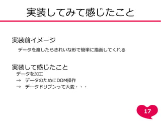 実装してみて感じたこと
実装前イメージ
データを渡したらきれいな形で簡単に描画してくれる
実装して感じたこと
データを加工
→ データのためにDOM操作
→ データドリブンって大変・・・
17
 