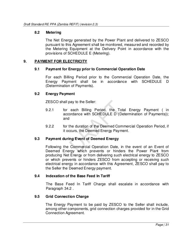 zambia draft renewable energy feed in tarriff power purchase agreement beat sheet examples