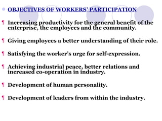 OBJECTIVES OF WORKERS’ PARTICIPATION Increasing productivity for the general benefit of the enterprise, the employees and the community. Giving employees a better understanding of their role.  Satisfying the worker’s urge for self-expression. Achieving industrial peace, better relations and increased co-operation in industry. Development of human personality. Development of leaders from within the industry. 