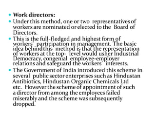  Work directors:
 Under this method, one or two representativesof
workers are nominated orelected to the Board of
Directors.
 This is the full-fledged and highest form of
workers’ participation in management. The basic
idea behindthis method is that the representation
of workers at the top- level would usher Industrial
Democracy, congenial employee-employer
relations and safeguard the workers’ interests.
 The Government of India introduced this scheme in
several public sectorenterprises such as Hindustan
Antibiotics, Hindustan Organic Chemicals Ltd
etc. Howeverthe schemeof appointmentof such
a director from among the employees failed
miserablyand the scheme was subsequently
dropped.
 