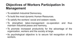 Objectives of Workers Participation In
Management
• To establish Industrial Democracy.
• To build the most dynamic Human Resources.
• To satisfy the workers’ social and esteem needs.
• To strengthen labor-management co-operation and thus
maintain Industrial peace and harmony.
• To promote increased productivity for the advantage of the
organization, workers and the society at large.
• Its psychological objective is to secure full recognition of the
workers.
 
