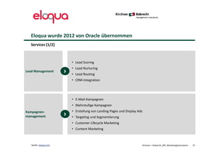 Eloqua wurde 2012 von Oracle übernommen
Kirchner + Robrecht_WP_MarketingAutomation 37Quelle: eloqua.com
Services [1/2]
• Lead Scoring
• Lead Nurturing
• Lead Routing
• CRM-Integration
Lead Management
• E-Mail-Kampagnen
• Mehrstufige Kampagnen
• Erstellung von Landing Pages und Display Ads
• Targeting und Segmentierung
• Customer Lifecycle Marketing
• Content Marketing
Kampagnen-
management
 