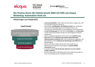 Anzahl der Bestellungen
Anzahl der Angebote
Anzahl der Warenkörbe
Die Thomas Krenn AG richtete bereits 2002 mit Hilfe von eloqua
Marketing- Automation-Tools ein
Erläuterungen zum Projekt [2/2]
51
Anzahl der Besucher auf der Website
und Online-Shop
Lead-Funnel
• Lead-Scoring-Modelle, halfen dabei auf einen Blick zu zeigen, wie „reif“
ein Lead oder Interessent bereits ist
• Dabei fließen profilbezogene demografische Daten wie zum Beispiel
die Unternehmensgröße, genauso in die Bewertung ein, wie
Informationen über Aktivitäten auf den Webseiten und im Onlineshop
• Je nach Kundengruppe kann der Vertrieb Prioritäten nun richtig setzen
und die vielversprechendsten Kunden zum bestmöglichen Zeitpunkt
kontaktieren
• Ebenso umfangreich gestaltete Thomas Krenn das Lead-Nurturing
• Ziele sind dabei die Reaktivierung inaktiver Bestandskunden,
Optimierung der Conversion Rates nach Erstellung von Angeboten und
Warenkörben und die Erhöhung der Bestellungen nach Abbruch des
Bestellvorgangs
• Bereits nach einem halben Jahr konnten mittels A/B-Tests zur
Optimierung der Lead-Nurturing-Programme positive Effekte
verzeichnet werden
• Es wurden sowohl mehr Neukunden akquiriert, als auch inaktive
Kunden reaktiviert
• Bis 2014 sollen weitere Marketing Automation Implementierungen zu
einer Umsatzsteigerung von zwanzig Prozent führen
Kirchner + Robrecht_WP_MarketingAutomationQuelle: Praxistipps Marketing Automation
 