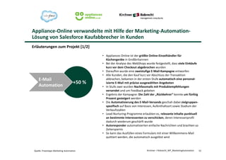 Appliance-Online verwandelte mit Hilfe der Marketing-Automation-
Lösung von Salesforce Kaufabbrecher in Kunden
52Kirchner + Robrecht_WP_MarketingAutomation
Erläuterungen zum Projekt [1/2]
• Appliances Online ist der größte Online-Einzelhändler für
Küchengeräte in Großbritannien
• Bei der Analyse des WebShops wurde festgestellt, dass viele Einkäufe
kurz vor dem Checkout abgebrochen wurden
• Daraufhin wurde eine zweistufige E-Mail-Kampagne entworfen
• Alle Kunden, die den Kauf kurz vor Abschluss der Transaktion
abbrachen, bekamen in der ersten Stufe automatisch eine personal-
isierte E-Mail mit präzise ausgewählten Angeboten
• In Stufe zwei wurden Nachfassmails mit Produktempfehlungen
versendet und um Feedback gebeten
• Ergebnis der Kampagne: Die Zahl der „Rückkehrer“ konnte um fünfzig
Prozent gesteigert werden
• Die Automatisierung des E-Mail-Versands geschah dabei zielgruppen-
spezifisch auf Basis von Interessen, Aufenthaltsort sowie Stadium der
Verkaufszyklen
• Lead-Nurturing-Programme erlaubten es, relevante Inhalte punktuell
an bestimmte Interessenten zu verschicken, deren Interessenprofil
dadurch wiederum geschärft wurde
• Autoresponder automatisierten einfache Nachrichten und brachten so
Zeitersparnis
• So kann das Ausfüllen eines Formulars mit einer Willkommens-Mail
quittiert werden, die automatisch ausgelöst wird
+50 %
E-Mail
Automation
Quelle: Praxistipps Marketing Automation
 
