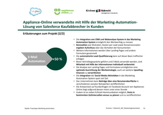 Appliance-Online verwandelte mit Hilfe der Marketing-Automation-
Lösung von Salesforce Kaufabbrecher in Kunden
53Kirchner + Robrecht_WP_MarketingAutomation
Erläuterungen zum Projekt [2/2]
• Die Integration von CRM und Webanalyse-System in das Marketing
Automation-System ermöglicht den Werbeerfolg zu messen
• Kennzahlen wie Klickraten, Kosten per Lead sowie Konversionsraten
ergeben Aufschluss über das Verhalten der Konsumenten
• Weitere Informationen werden über Landing Pages und andere
Formulare gesammelt
• Die automatische Lead-Qualifizierung kann auf dieser Basis treffsicher
erfolgen
• Bevor Vertriebsgespräche geführt und E-Mails versendet werden, sind
Mitarbeit mit Hilfe der Informationen individuell vorbereitet
• Die Analyse von Landing Pages und Formularen ermöglichen eine
optimale Ausrichtung der Werbestrategie, auch um weitere Upselling-
Chancen zu verwirklichen
• Die Integration der Social Media-Aktivitäten in das Marketing
Automation-System spart viel Zeit
• Das Unternehmen kann Beiträge über eine Benutzeroberfläche in
verschiedenen sozialen Netzwerken veröffentlichen
• Die Antwortzeit auf Kundenfragen im Facebook-Account von Appliances
Online liegt aufgrund dessen meist unter einer Stunde
• Zudem ist es neben Echtzeit-Kommunikation möglich, Posts in
bestimmten Zeitintervallen voraus zu planen und zu veröffentlichen
+50 %
E-Mail
Automation
Quelle: Praxistipps Marketing Automation
 