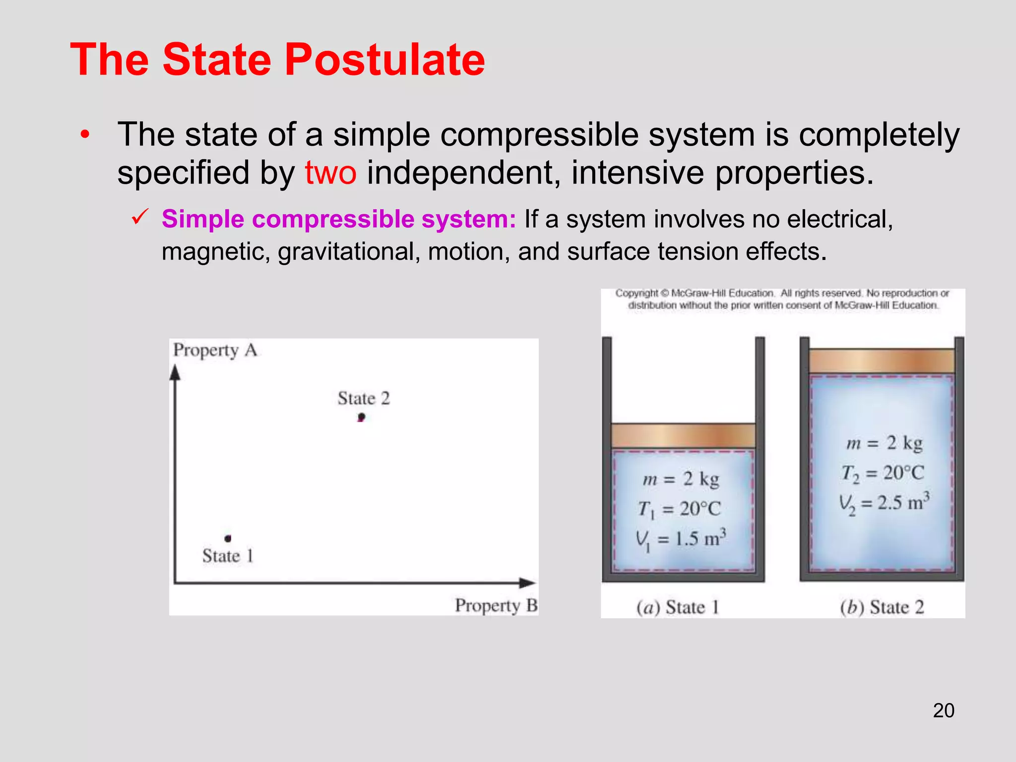 The State Postulate
• The state of a simple compressible system is completely
specified by two independent, intensive properties.
 Simple compressible system: If a system involves no electrical,
magnetic, gravitational, motion, and surface tension effects.
20
 